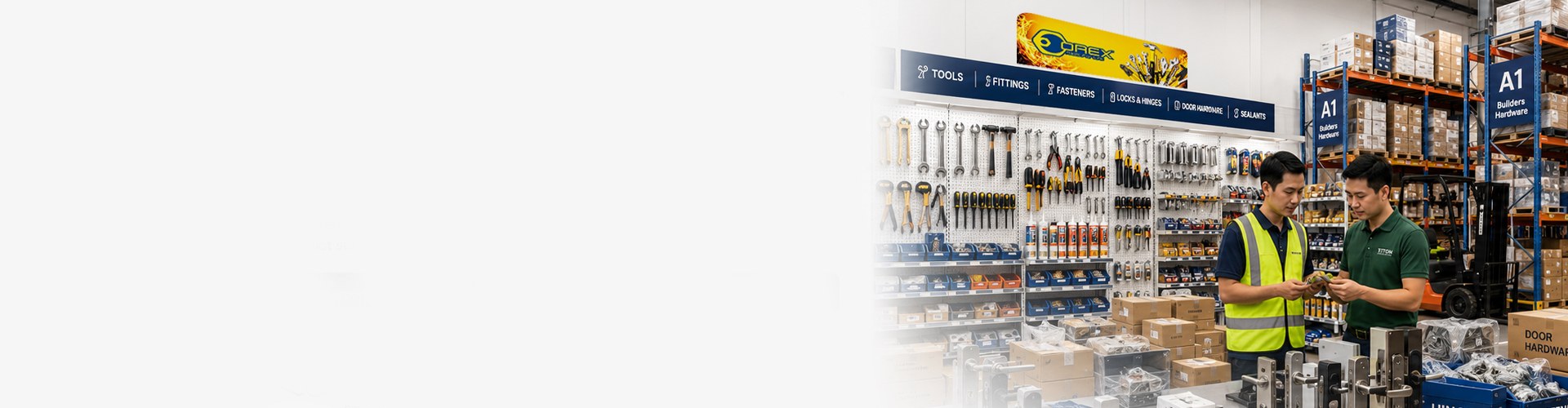 Builders hardware wholesale supply area with tools, fittings, fasteners, door hardware, warehouse stock, and staff support