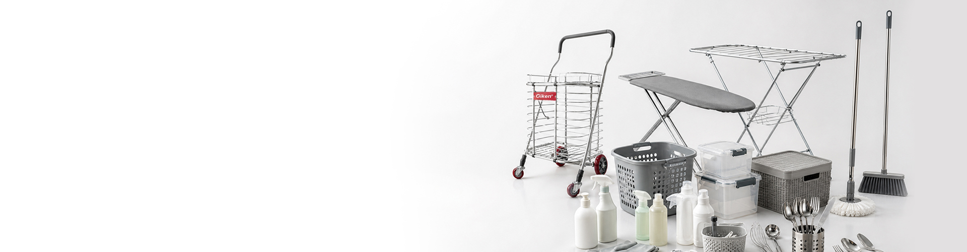 Household consumer products banner with cleaning, laundry, kitchen essentials, and general household products
