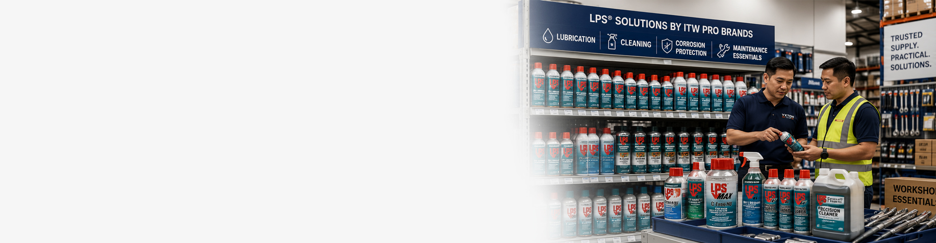 MRO chemical supply banner with LPS lubrication, cleaning, corrosion protection, maintenance essentials, and Y K TOH support
