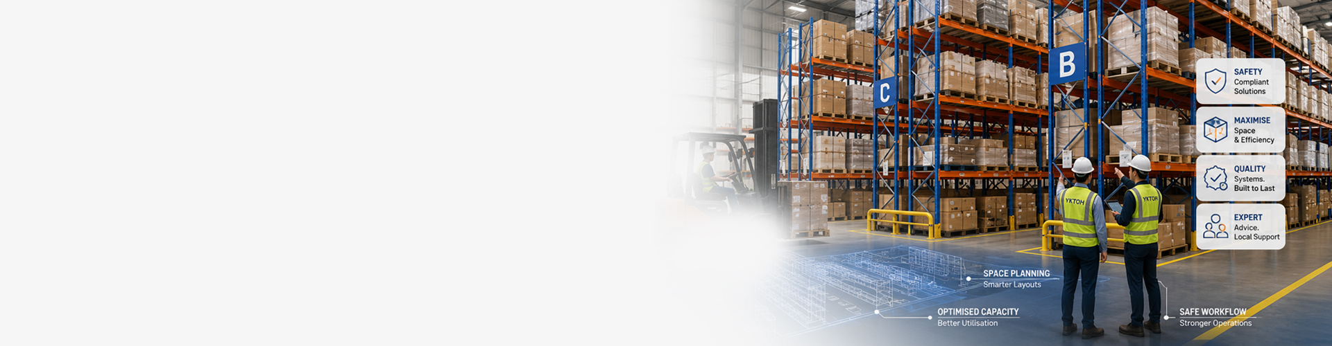 Storage racking system banner with warehouse pallet racking, safety, space planning, inspection, quality, and workflow support