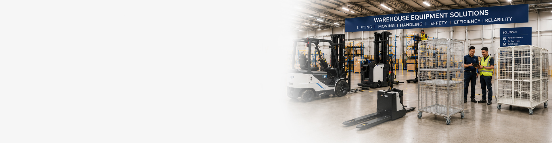 Warehouse equipment banner with forklift, reach truck, tow tug, material handling equipment, cages, and warehouse support