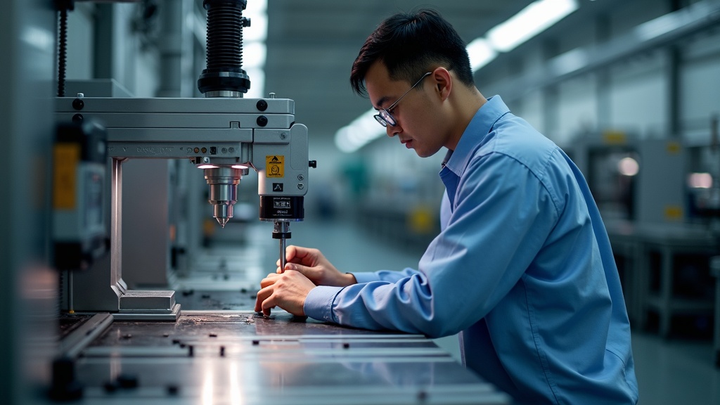 Technician working at rigid welded steel industrial workbench in Singapore aerospace precision assembly, high tolerance measurement with precision instrument, clean aerospace manufacturing environment