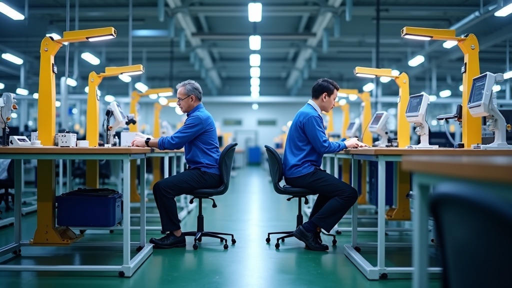 Two electric height adjustable workbenches side by side in Singapore electronics factory, anti-collision sensor gap visible between columns, operators working at different heights
