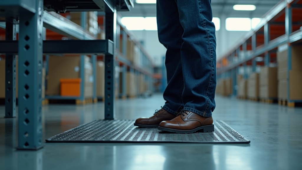 Industrial anti fatigue rubber mat under height adjustable workbench in Singapore factory, worker standing comfortably at assembly station with footrest visible