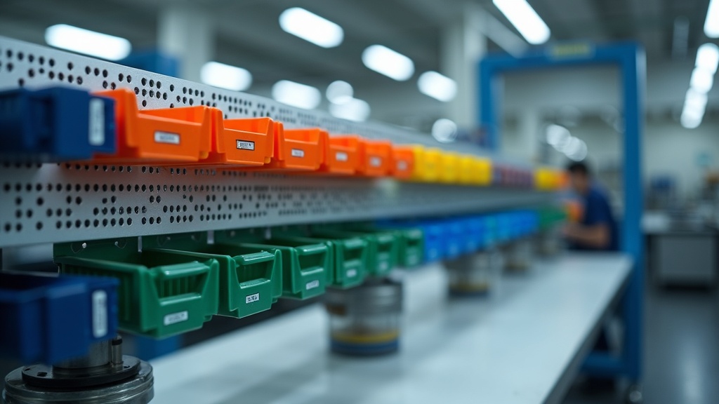 Perforated bin rail above industrial workbench in Singapore electronics assembly, small colour coded parts bins with labels on metal rail, electronic components stored