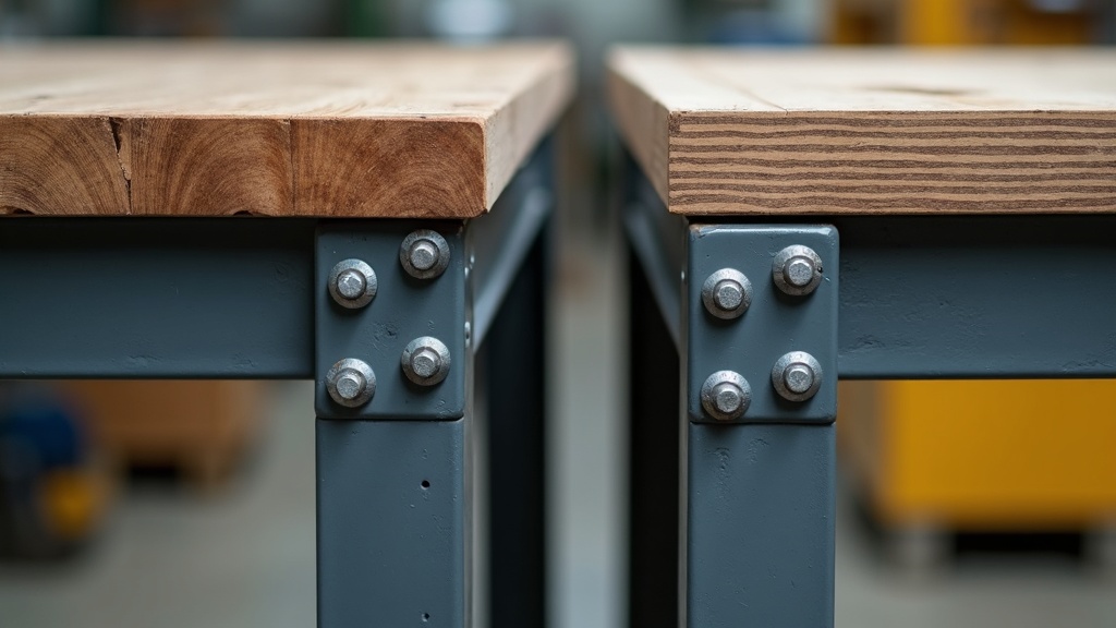 Bolt together versus welded industrial steel workbench frames, bolted connections shown versus welded joints, Singapore factory comparison