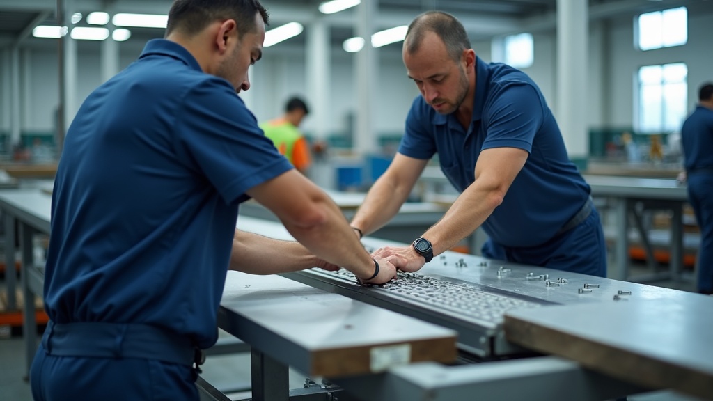 Worker loosening high tensile structural bolts to reposition bolt together industrial workbench frame in Singapore factory, layout change flexibility