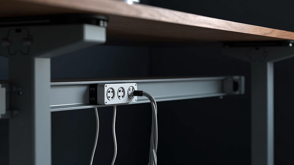 Cable management system on height adjustable office workbench, enclosed cable tray underneath bench surface with neat Singapore power rail sockets