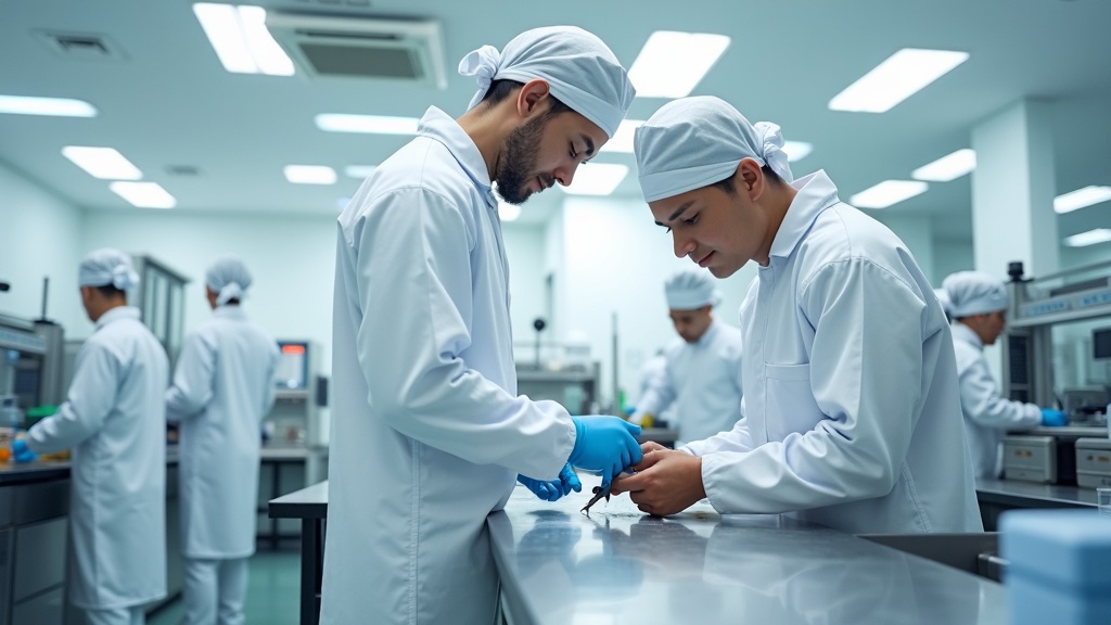 ISO Class 7 cleanroom pharmaceutical workstation, ESD safe stainless steel workbench, HEPA filtration overhead, operator in cleanroom suit working on medical device assembly, Singapore facility