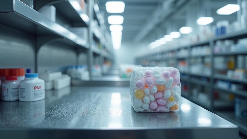 Cold chain packing workstation with stainless steel work surface, temperature display monitor, insulated packaging materials, Singapore pharmaceutical logistics warehouse