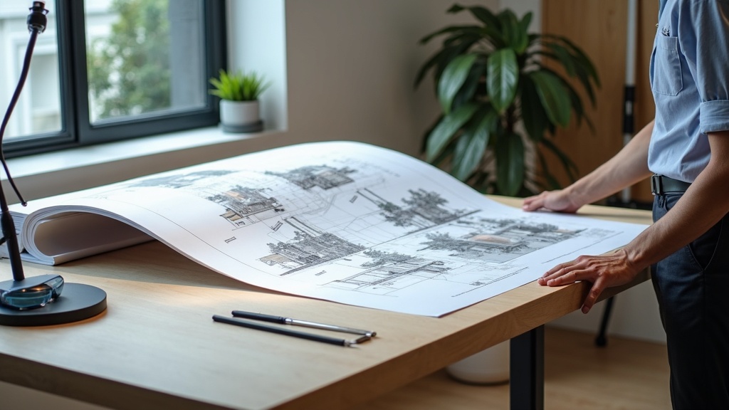 Architect reviewing large A0 architectural drawings on height adjustable workbench in Singapore design studio, clean modern creative studio environment