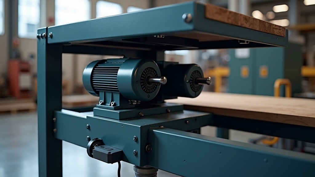 Dual motor electric height adjustable workbench mechanism interior view, two electric motor columns, enclosed cable drag chain carrier, steel frame