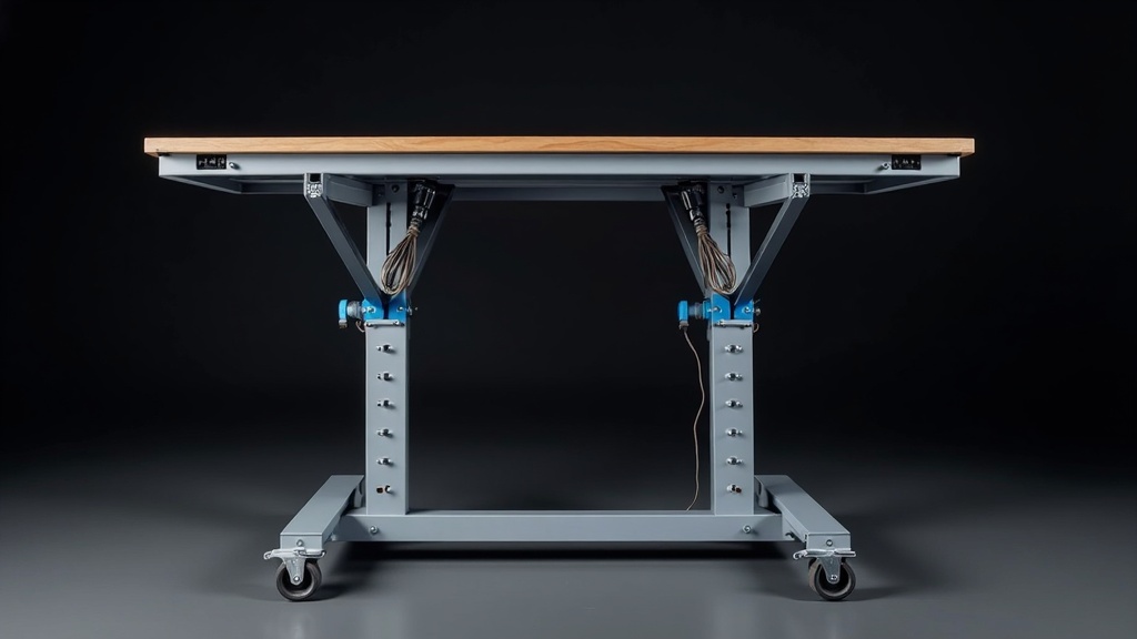 Close up of dual electric motor height adjustment column mechanism lifting industrial steel workbench frame, telescoping cable management sheath visible, Singapore product photography