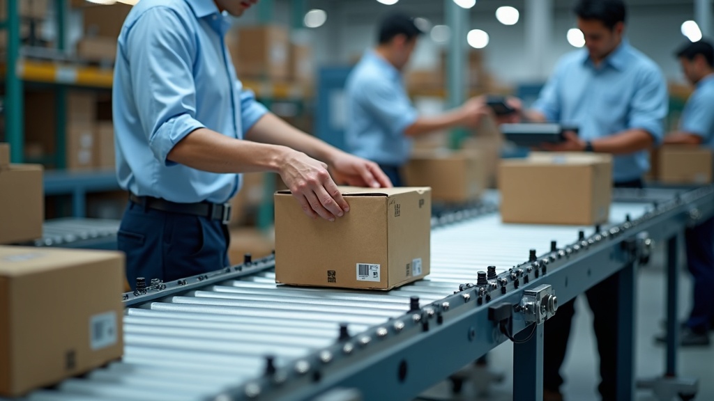 Singapore e-commerce fulfilment centre packing workstation with roller conveyor section, operator scanning barcode on parcel, Zebra label printer mounted on bench, LED task lighting