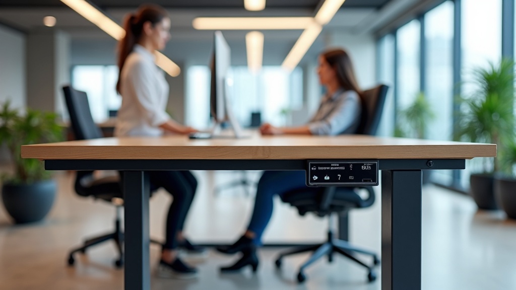 Treston QuatreX electric height adjustable workbench in Singapore commercial office, dual motors, memory preset control panel, sit stand operation, modern ergonomic office