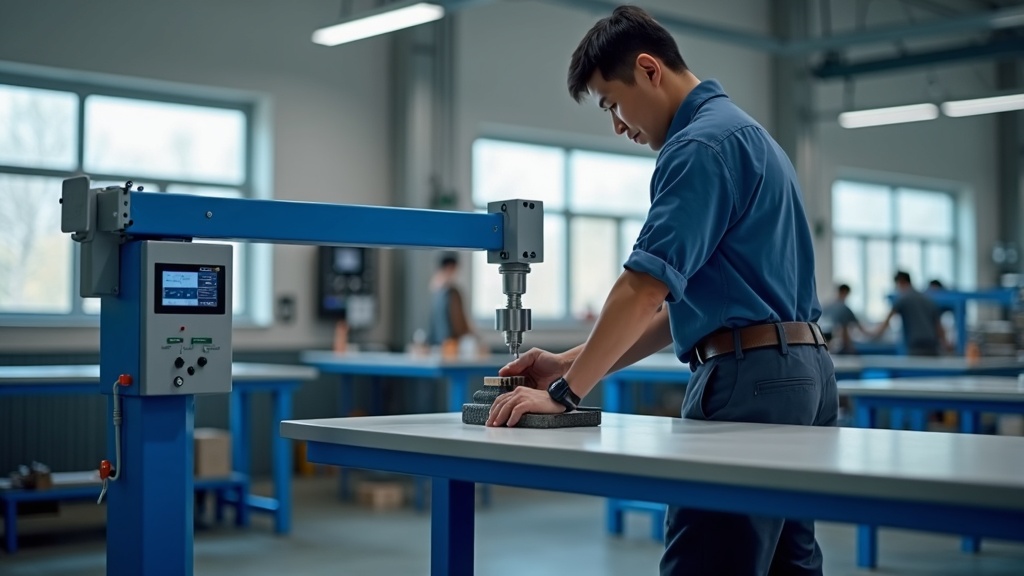 Electric height adjustable industrial workbench, operator standing at optimal ergonomic height during assembly task, digital control panel with memory presets visible, Singapore modern factory