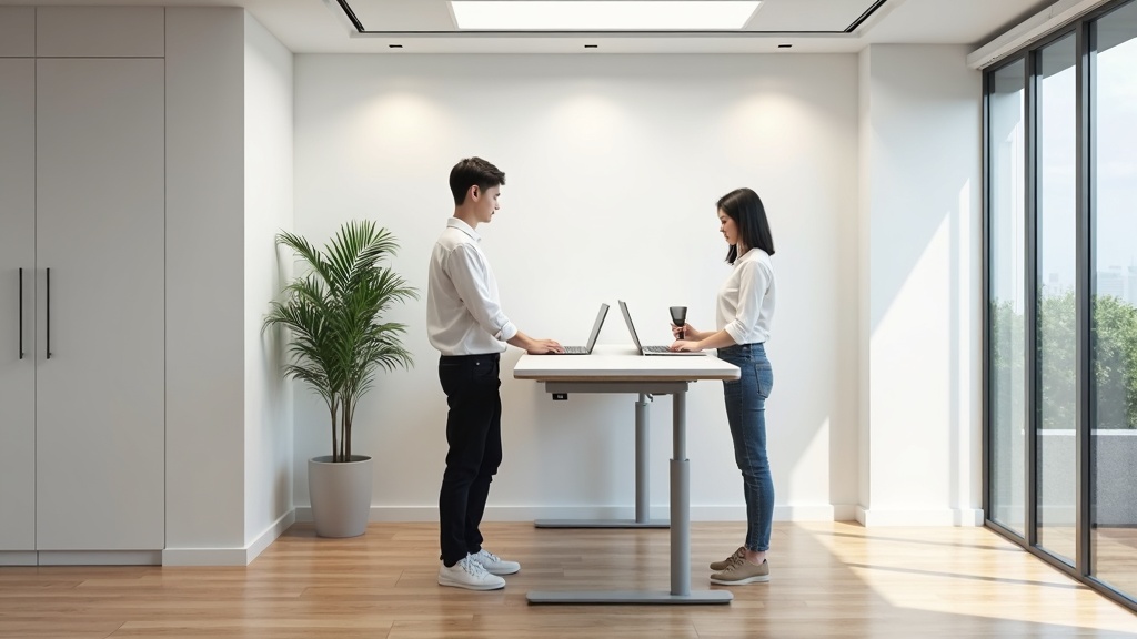 Person working at electric sit-stand height adjustable workstation in premium Singapore commercial office, standing at elevated bench with laptop, minimalist white interior