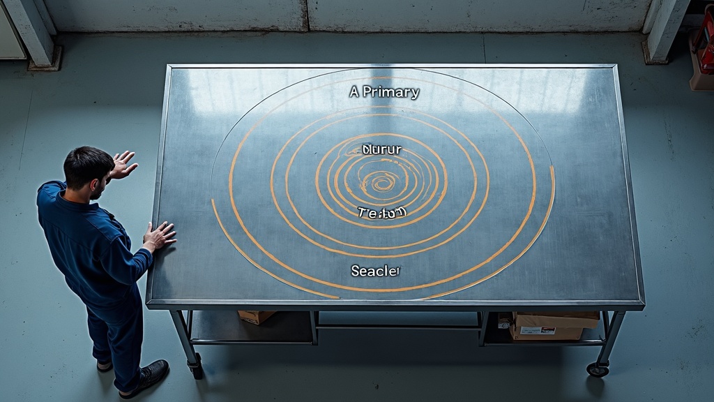 Ergonomic reach zones diagram showing operator standing at industrial workbench with concentric zones marked primary secondary and tertiary, Singapore technical illustration