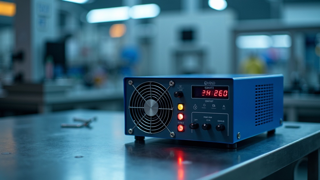 Bench top air ionizer on ESD electronics workbench, ioniser unit with fan and emitter needles visible, Singapore semiconductor assembly cleanroom
