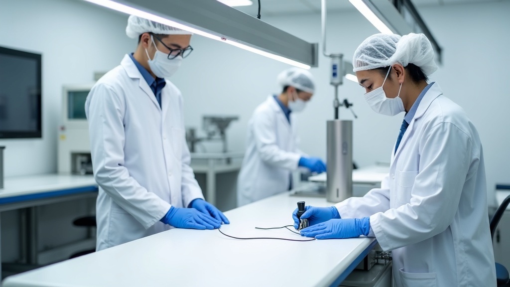Treston Concept Ergo ESD bench in Singapore electronics cleanroom, ESD laminate surface, wrist strap and grounding cord connected, ionizer bar overhead, white ESD safe environment