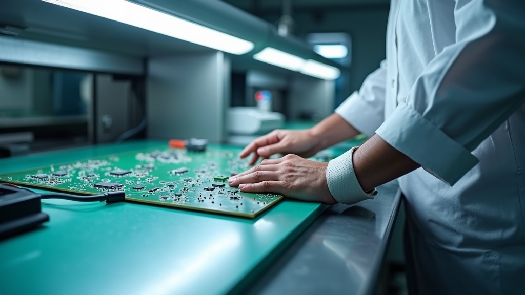 ESD workstation for electronics manufacturing in Singapore, ESD laminate work surface with wrist strap and grounding cord, operator working on PCB assembly in clean electronics factory
