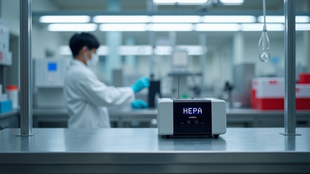 Bench top ionizer with HEPA filtration on ESD pharmaceutical workbench, ionisation output balance display visible, stainless steel surface below, Singapore medical device assembly