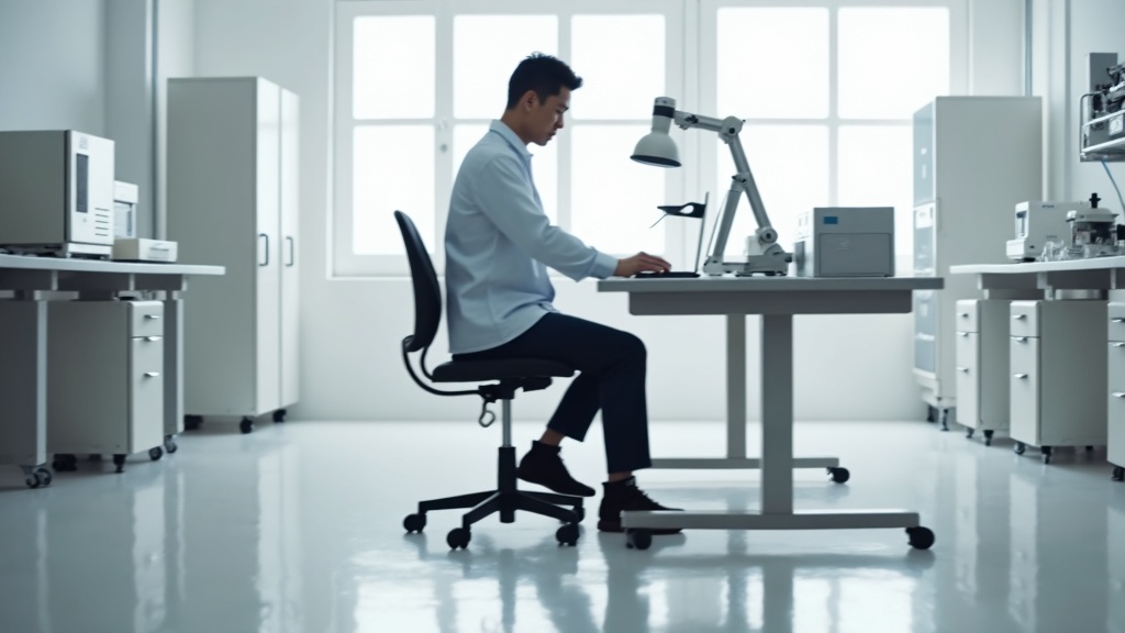 ESD safe caster laboratory chair at adjustable height workbench in Singapore quality control laboratory, operator seated with correct ergonomic posture feet flat on floor