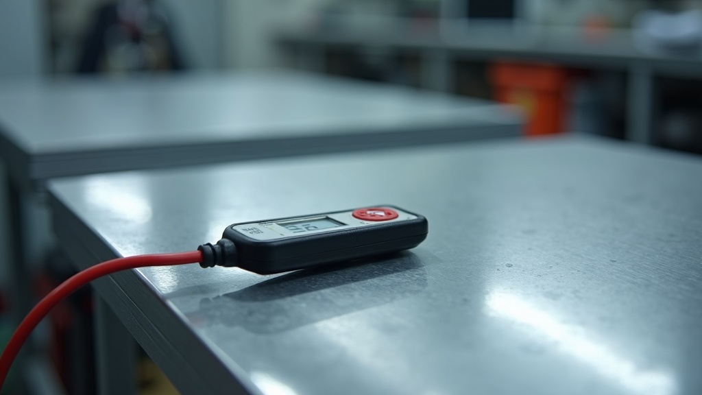 ESD work surface comparison: ESD dissipative laminate surface with grounding cord versus standard steel surface, resistance meter readings showing difference, Singapore electronics factory