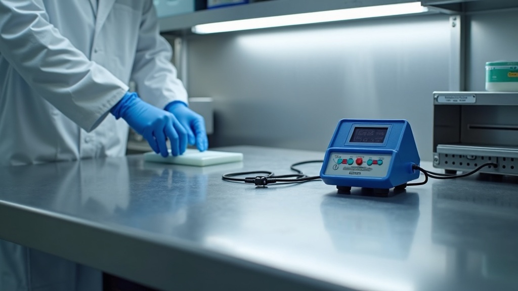 ESD safe pharmaceutical assembly workbench with stainless steel work surface, wrist strap grounding system and ionizer, medical device assembly in Singapore clean facility