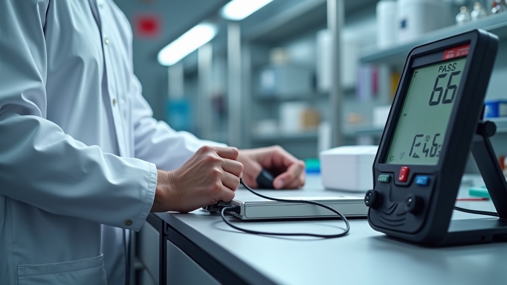 ESD wrist strap grounding system test station, operator wearing adjustable wrist band connected to grounding point, digital resistance meter showing PASS reading, Singapore pharmaceutical laboratory