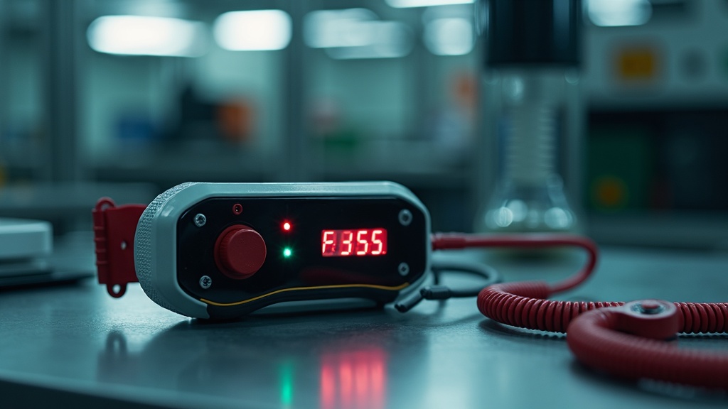 Wrist strap ESD tester showing PASS green light, adjustable wrist band with coiled grounding cord on ESD workbench, digital resistance meter display, Singapore electronics manufacturing