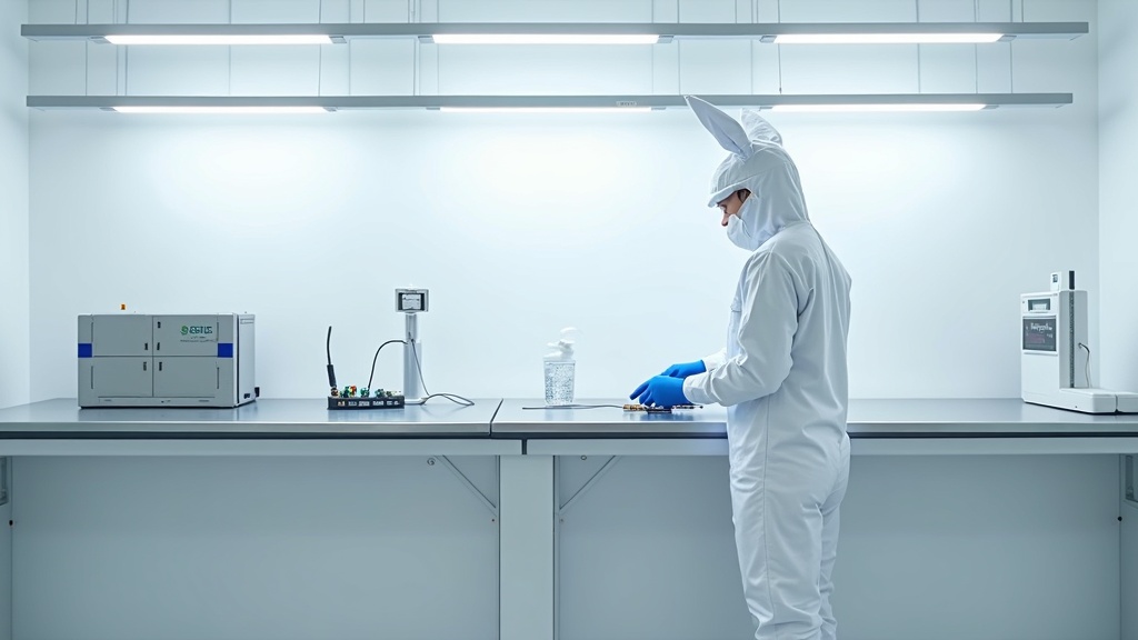 ESD cleanroom workbench with technician in cleanroom suit for semiconductor electronics assembly Singapore