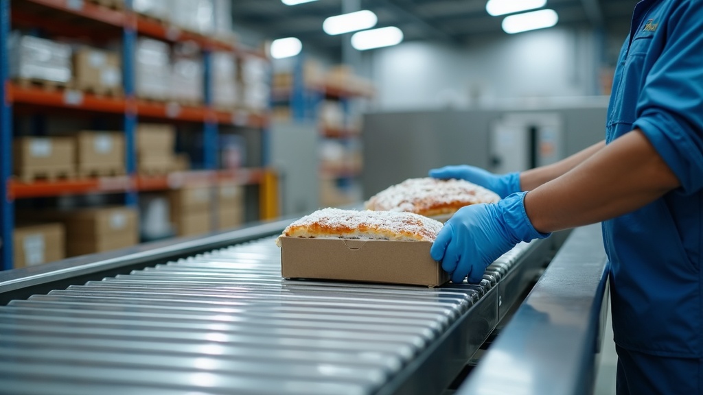Stainless steel food packing workstation in Singapore cold storage facility, Type 304 stainless work surface with roller conveyor, worker in thermal gloves packing frozen food products