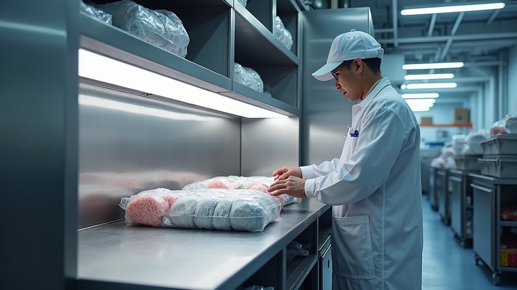 Frozen storage packing workstation in Singapore, fully welded stainless steel frame, Type 304 work surface, worker in thermal protective clothing, cryogenic rated roller conveyor