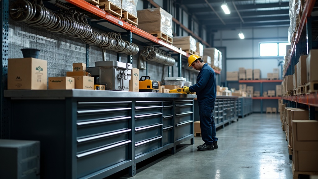 Heavy duty industrial workbench Singapore warehouse, 1000kg rated bolt together steel frame, steel plate work surface, integrated drawer units and bin rails, operator working at station