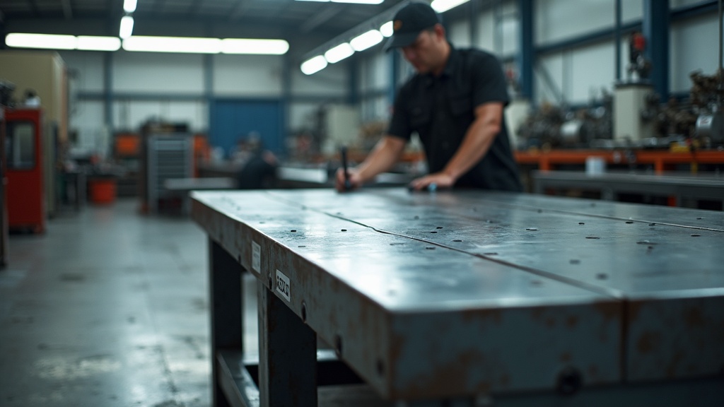 Heavy duty industrial workbench with steel plate work surface, robust bolt-together steel frame with 40mm square tube, 500kg rated, operator working on heavy mechanical assembly in Singapore factory