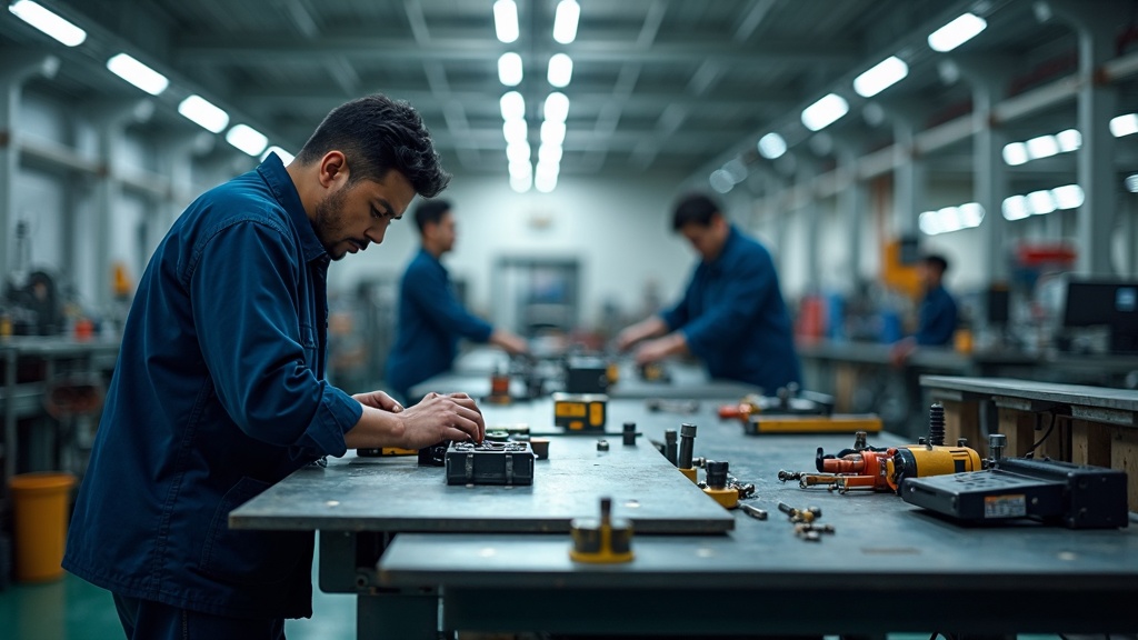 Multiple operators working at heavy duty manufacturing assembly workstation in Singapore factory, robust bolt-together industrial steel bench with steel plate work surface, tools and fixtures visible