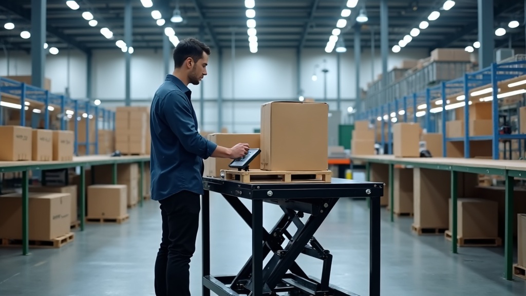 Electric height adjustable packing workstation in Singapore logistics warehouse, Treston lifting platform on packing bench, operator adjusting height with control panel, memory presets