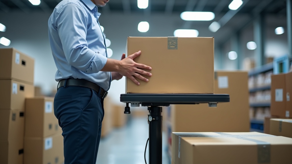 Electric height adjustable industrial packing workstation, motor adjustment mechanism on leg, operator packing at optimal ergonomic height, Singapore logistics fulfillment center
