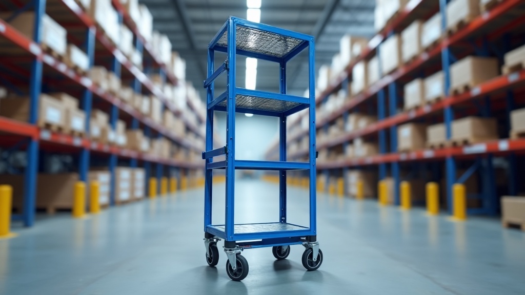 Industrial mobile storage trolley with four shelves, blue and grey metal construction, polyurethane wheels, moving through Singapore factory warehouse aisle
