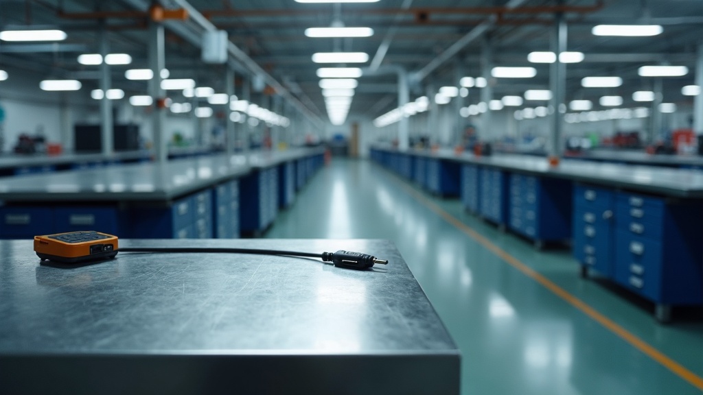 Industrial workbench range in Singapore factory, ESD workbench in foreground with wrist strap grounding, heavy duty industrial bench background with steel plate surface