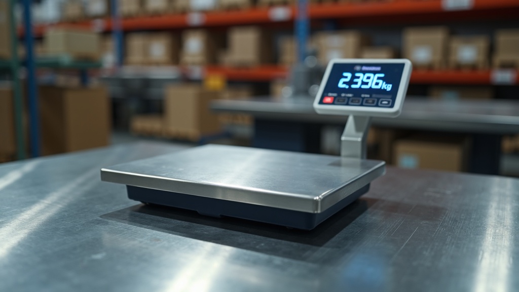 Electronic platform weigh scale flush mounted in industrial steel workbench, backlit LCD display showing parcel weight reading, Singapore logistics warehouse