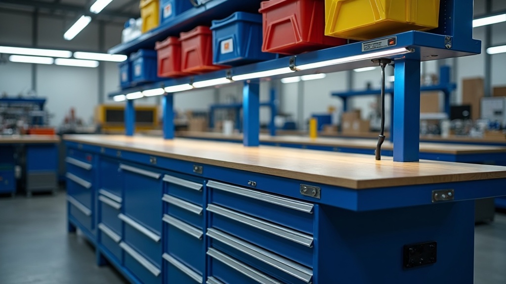 Heavy duty drawer units with central locking under industrial workbench in Singapore manufacturing, bin rails with coloured bins above bench, LED task light and power rail visible