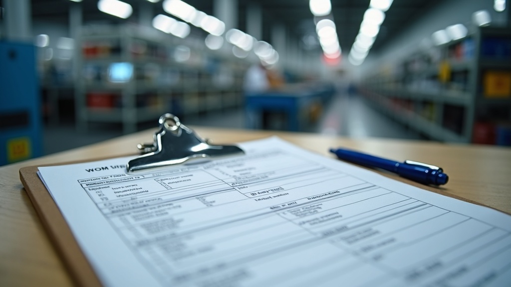 MOM WSH workplace safety compliance documentation, risk assessment forms on clipboard with industrial workbench in background, Singapore factory setting