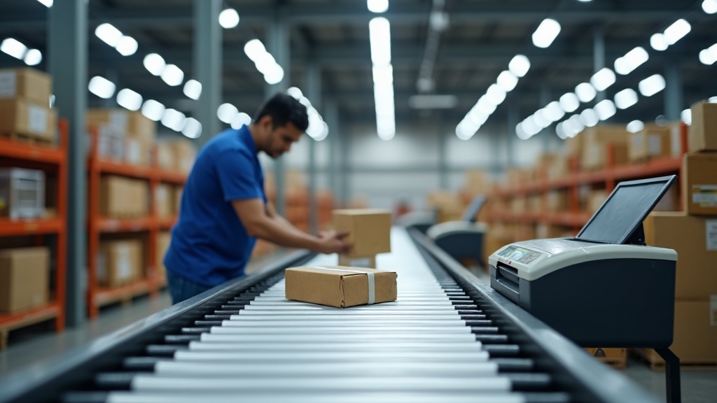 Industrial packing workstation with roller conveyor section, parcels on gravity rollers, label printer and tape dispenser within arm reach, Singapore e-commerce fulfillment warehouse
