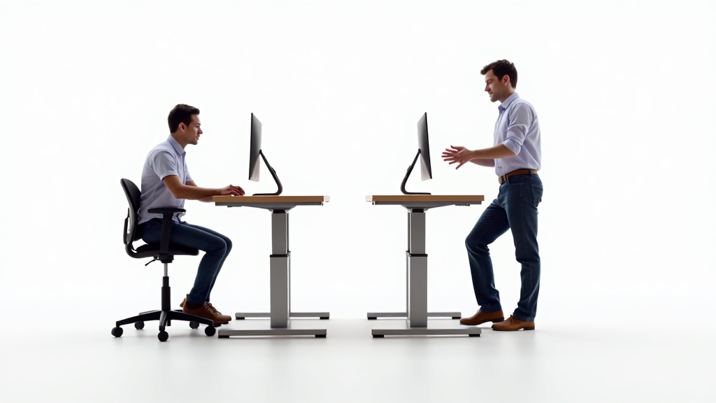 Sit stand ergonomic workbench comparison showing person sitting at adjusted workbench height on left and standing at raised workbench on right, correct ergonomic posture for both positions