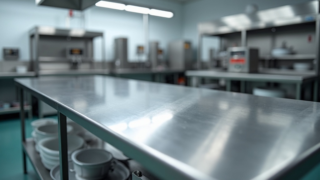 Type 304 stainless steel heavy duty workbench in Singapore food processing facility, brushed stainless work surface, stainless frame, clean hygienic environment
