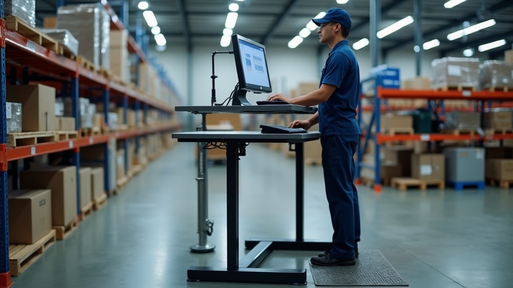 Operator working standing at height adjustable workbench in Singapore warehouse, anti fatigue mat on floor, memory preset panel with multiple saved positions
