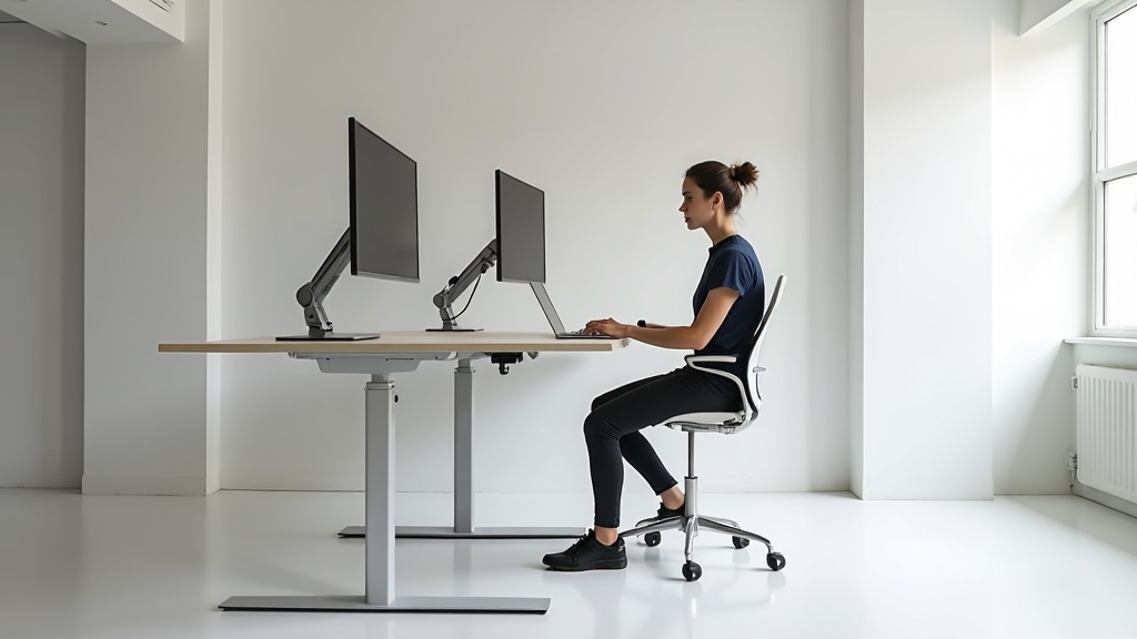 Person sitting on designer standing height stool at adjustable workbench with monitor arm and two screens, minimalist white office interior Singapore