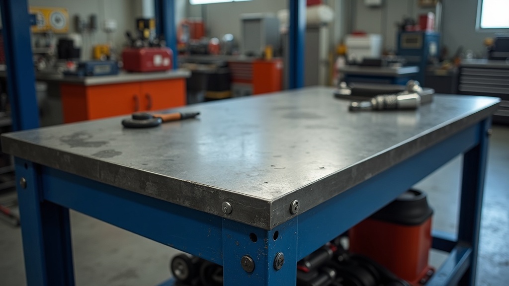 8mm thick steel plate work surface on heavy duty industrial workbench, heavy tools and equipment on workbench, Singapore automotive workshop